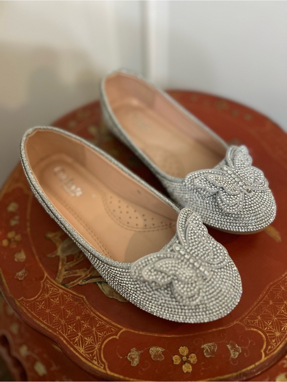 Girls Silver Crystal Butterfly Ballet Flats